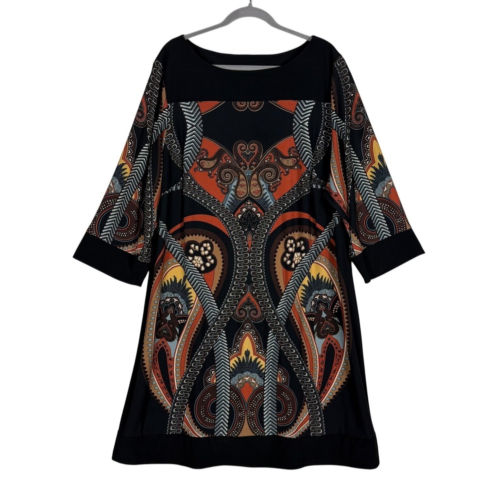 SOHO Apparel Ltd. Dress Womens 3X Multicolor Paisley Boho Shift 3/4 Sleeve